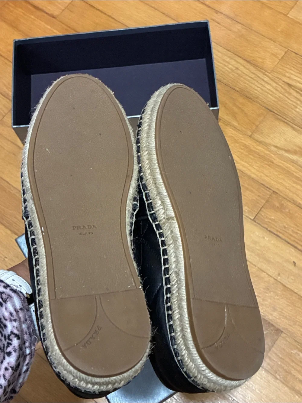 Prada Black Quilted Nappa Leather Espadrilles Triangle Logo 8.5  Box Authentic